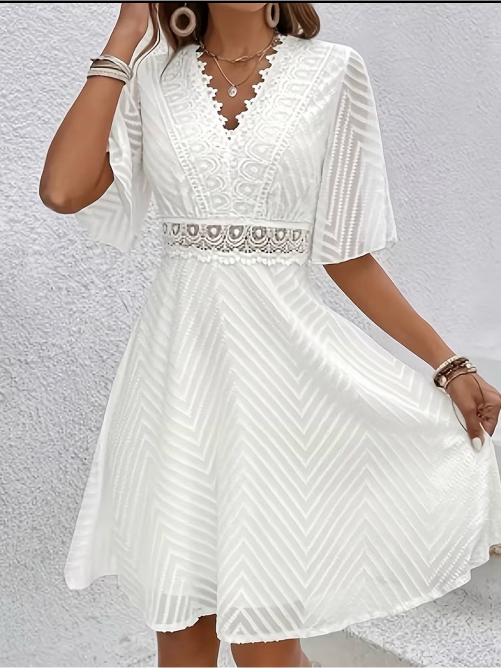 Women's White Lace Trim V-Neck A-Line Dress